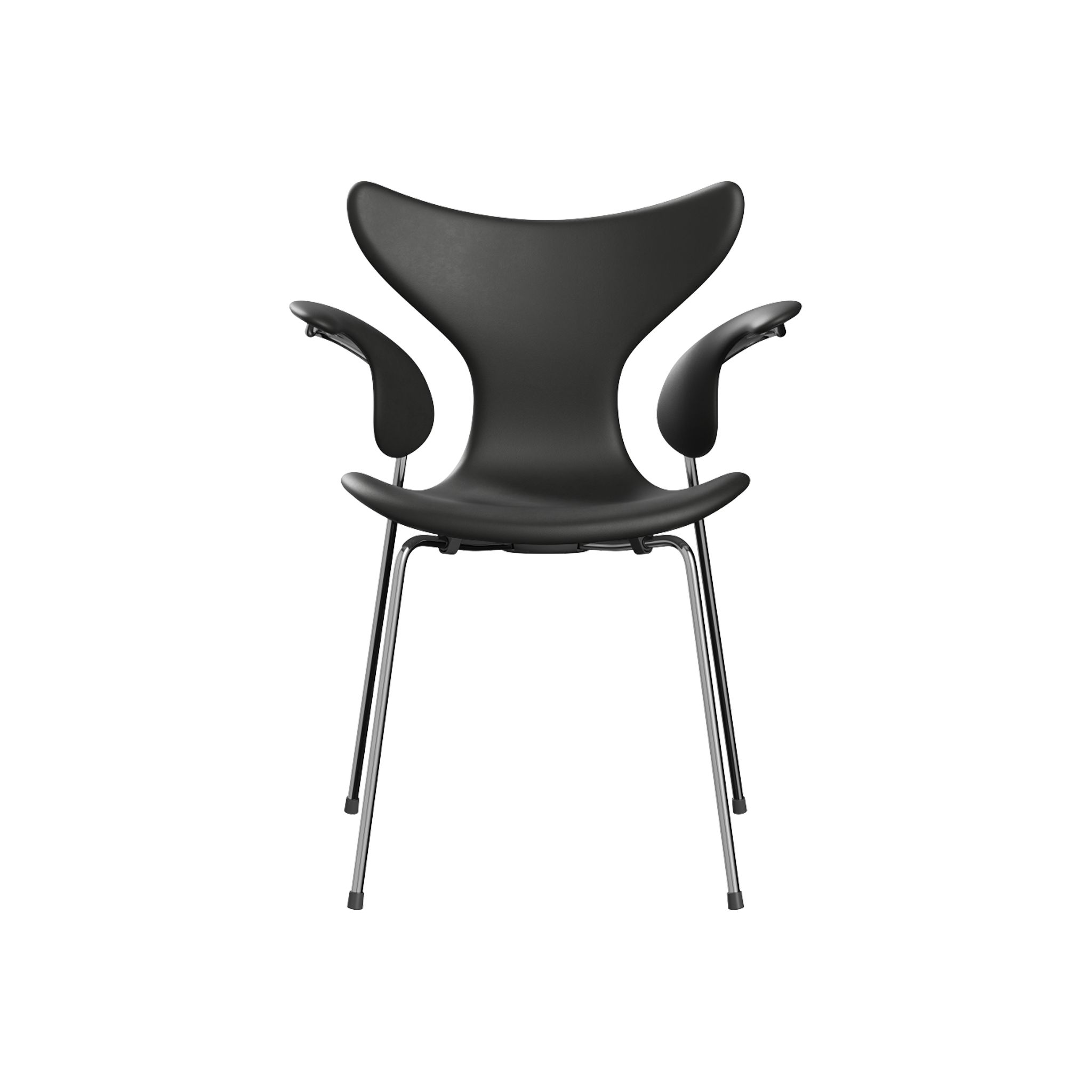 Nypolstret Arne Jacobsen Liljen stol 3208 med armlæn i sort læder