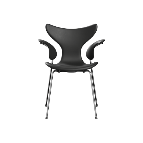 Nypolstret Arne Jacobsen Liljen stol 3208 med armlæn i sort læder