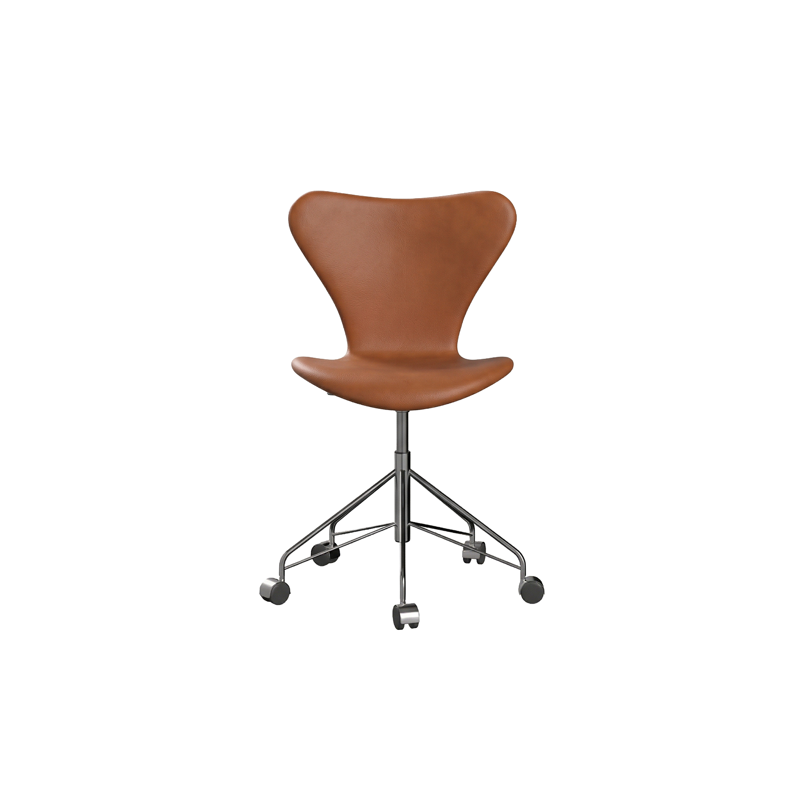 Nypolstret Arne Jacobsen Serie 7 kontorstol 3117 på hjul i cognac læder