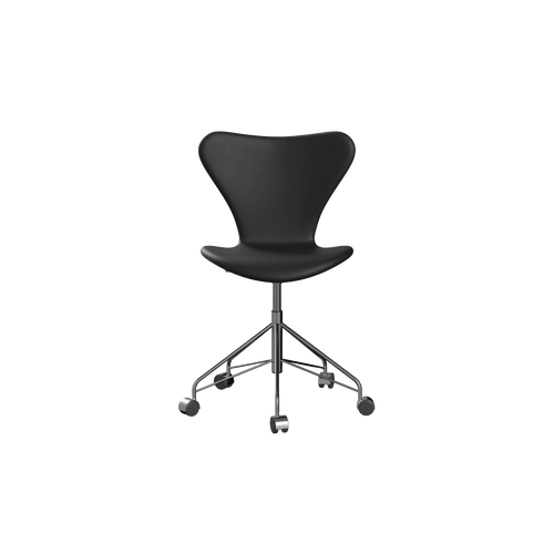 Nypolstret Arne Jacobsen Serie 7 kontorstol 3117 på hjul i sort læder