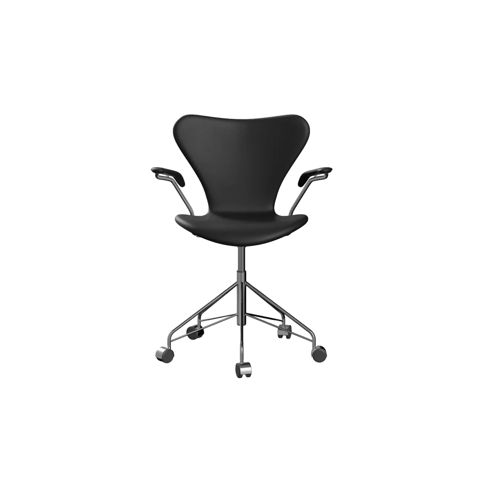 Nypolstret Arne Jacobsen Serie 7 kontorstol 3217 med armlæn i sort læder