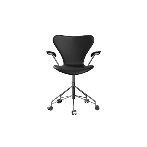 Nypolstret Arne Jacobsen Serie 7 kontorstol 3217 med armlæn i sort læder