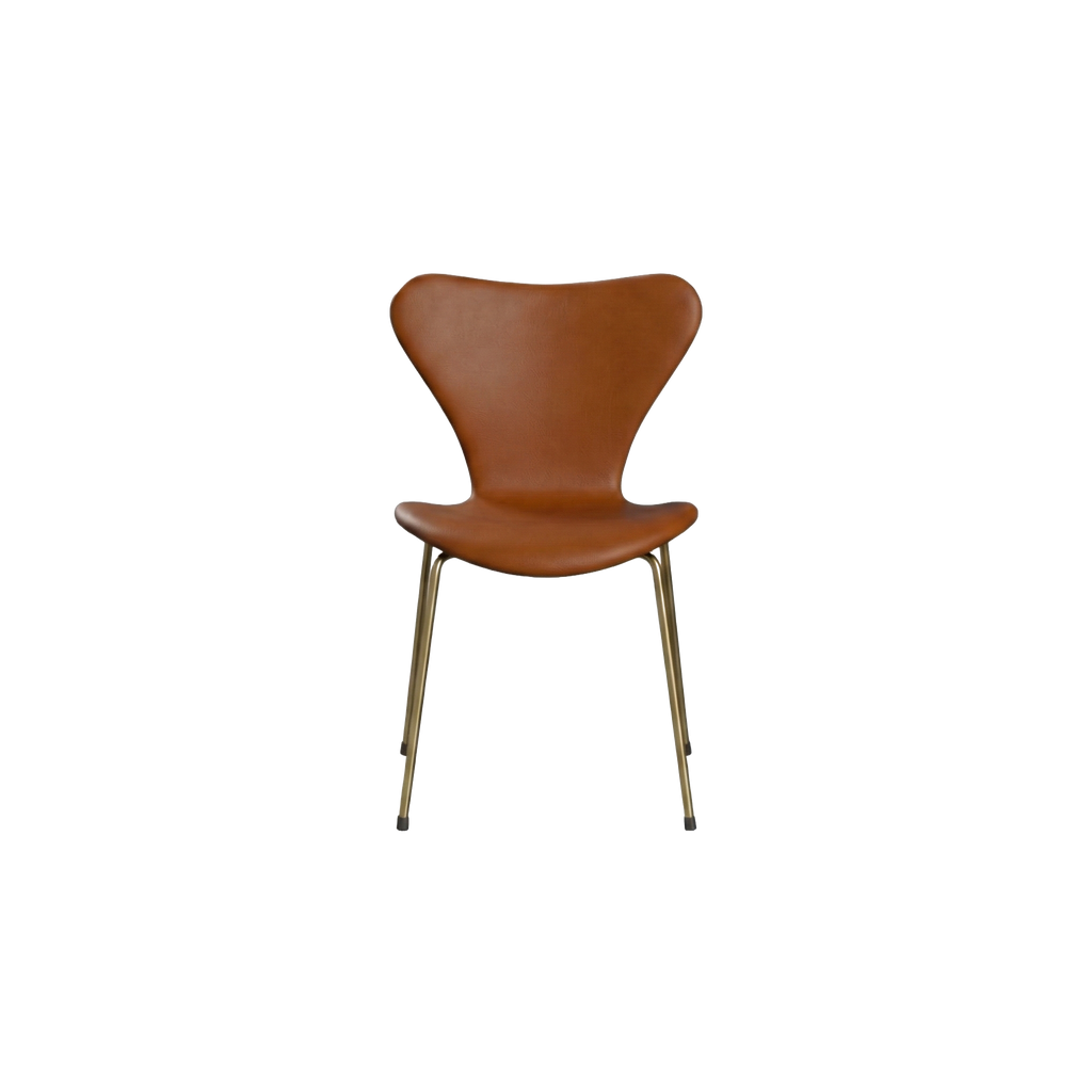 Nypolstret Arne Jacobsen Syveren stol 3107 i cognac læder, messing stel