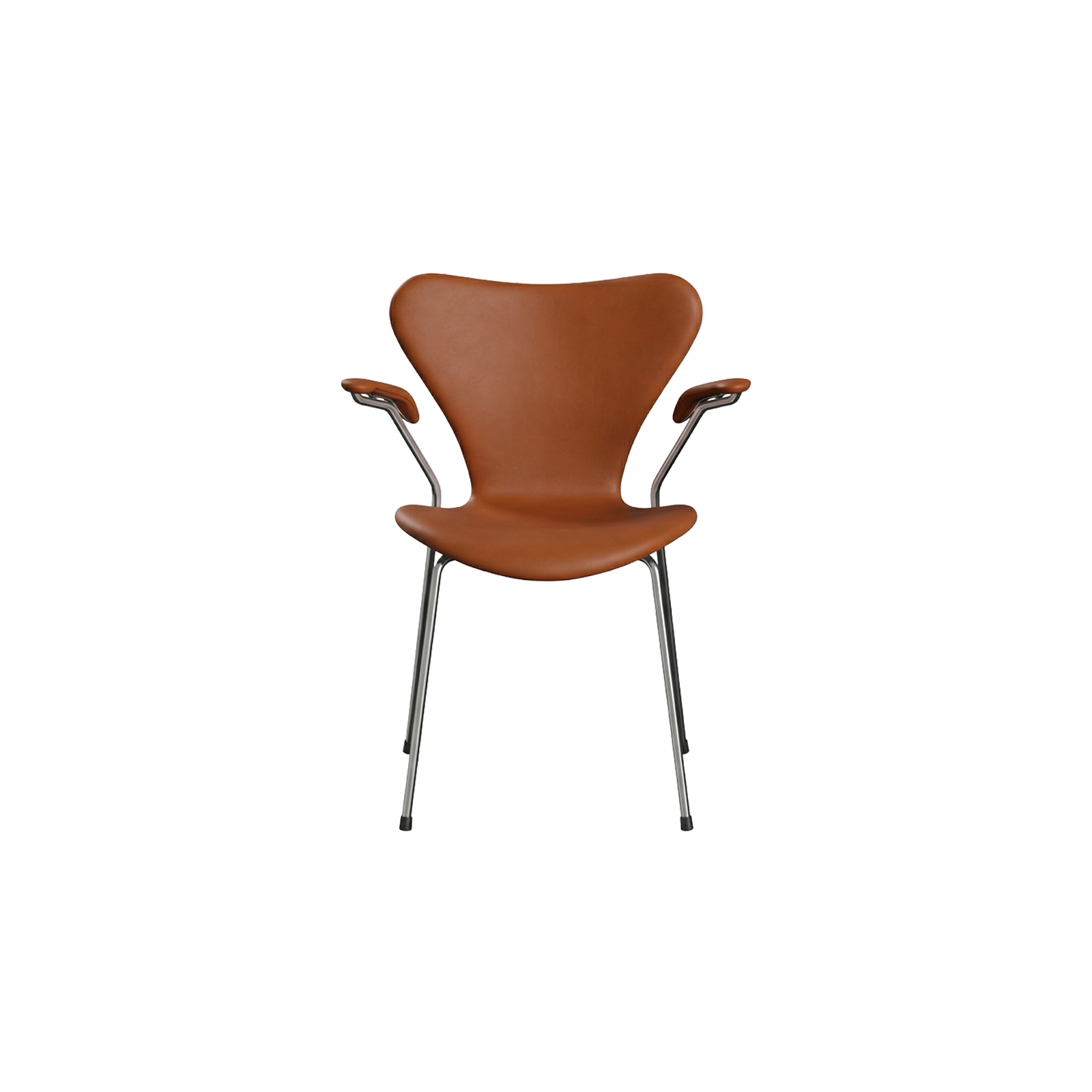 Nypolstret Arne Jacobsen Syveren stol 3207 med armlæn i cognac læder, chrome stel