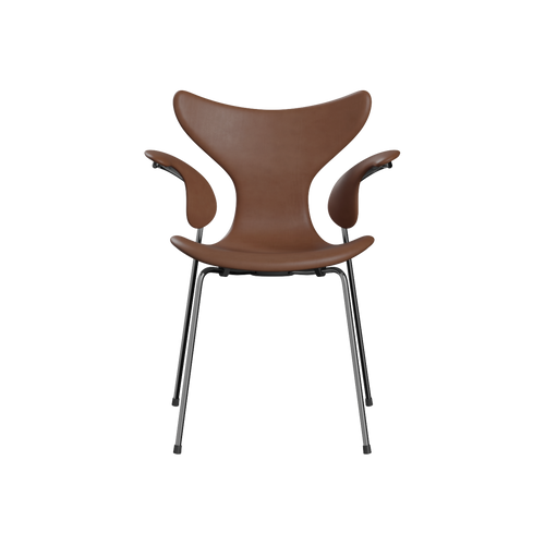 Nypolstret Arne Jacobsen Liljen stol 3208 med armlæn i valnød læder